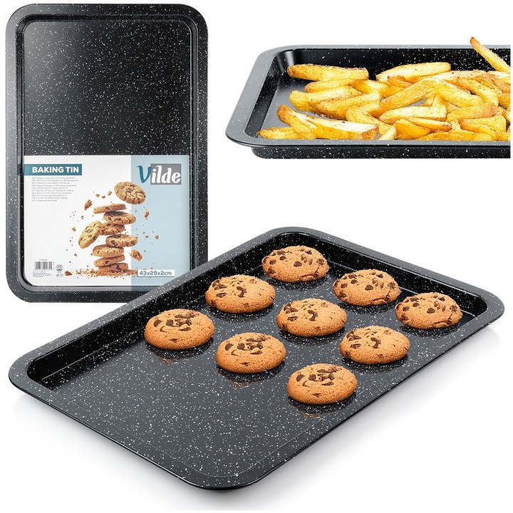 Tava De Copt, Vilde, 43x29x2 cm, Otel Carbon Cu Strat De Granit, Rezistent La Temperaturi Ridicate Pana La 230°C, Curatare Usoara, Margini Ridicate, Grafit