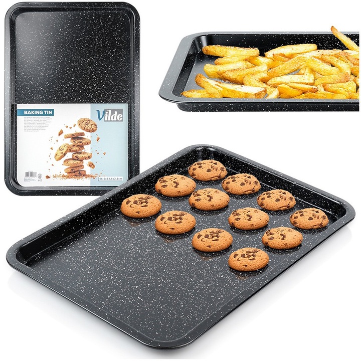 Tava De Copt, Vilde, 46.5x32.5x2.5 cm, Otel Carbon Cu Strat Granit, Rezistenta La Temperaturi Ridicate Pana La 230°C, Coacere Uniforma, Margine Mai Inalta Pentru Confort Sporit La Coacere, Grafit