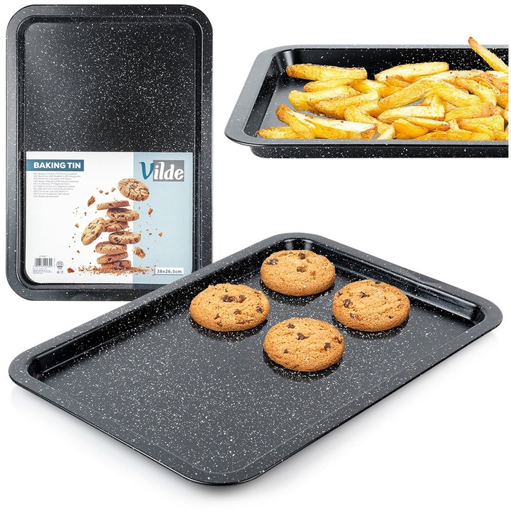 Sütőlap, Vilde, 38x26,5x1,5 cm, Gránitbevonatú szénacél, Akár 230°C-ig hőálló, Egyenletes sütés, Magasabb peremű a nagyobb sütési kényelemért, Grafit