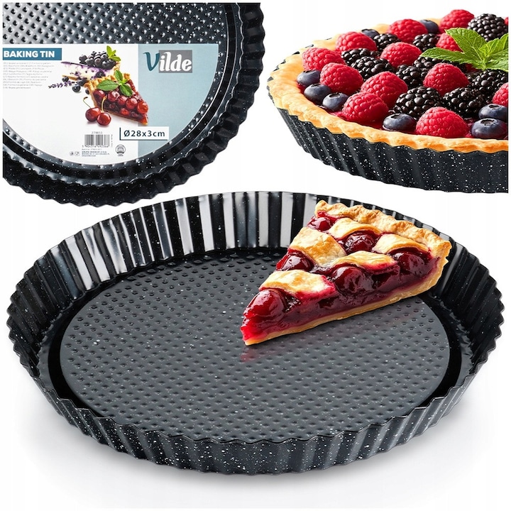 Tava Pentru Tarta, Vilde, 28x3 cm, Forma Rotunda Ideala Pentru Prepararea Tartelor, Quiche-Urilor Si Altor Produse De Patiserie, Fabricata Din Otel Carbon De Inalta Calitate Cu Un Strat De Granit, Rezistenta La Temperaturi Ridicate Pana La 230°C, Grafit