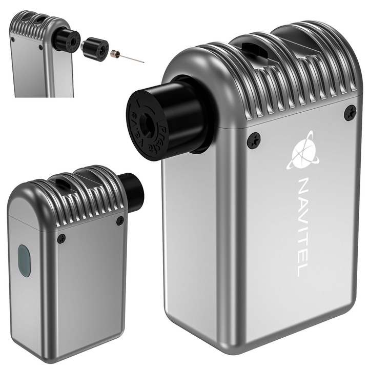 Компресор, Navitel, Air8 Mini, 70x41x28 мм, 2x350mAh, за помпане на гуми, за помпане на топки, сребърен, Комплектът включва: компресор, USB-C кабел, защитен калъф, „игла“ за помпане на топки, адаптер за вентил Schrader, адаптер за вентил Presta, т