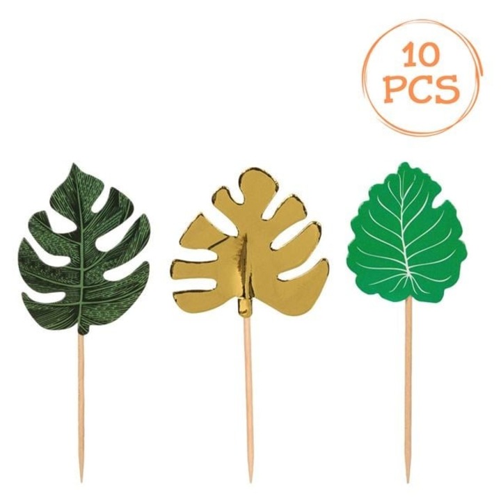 Set 10 Scobitori Bambus Petrecere Antbro®, 10 cm, Model Frunze Tropicale Verzi cu Detalii Folie Aurie – Unica Folosinta, Eco-Friendly, Decor Festiv Copii/Aniversari