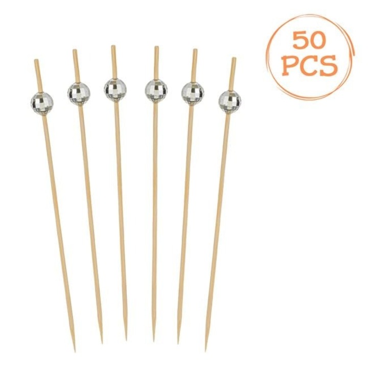 Set 50 Scobitori Bambus Petrecere Antbro®, 12 cm, Model Disco Ball Argintiu – Unica Folosinta, Eco-Friendly, Decor Festiv Copii/Aniversari