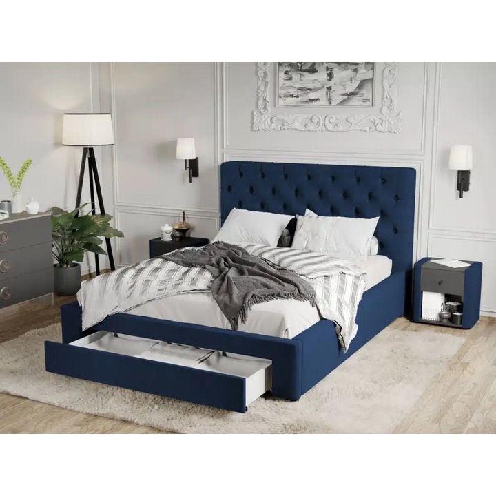 Pat Tapitat Catifea, Riviera cu Somiera si Sertar, 160x200, Albastru inchis/Velluto 25