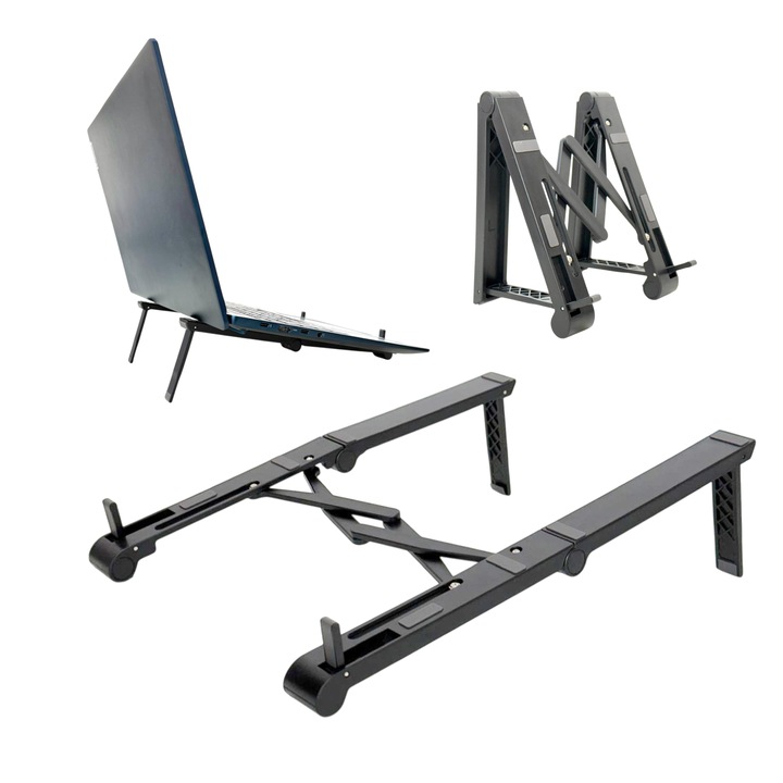 Suport 3 in 1 reglabil, Suport tableta i-Pad, telefon si support pentru laptop, pliabil, antiderapant, compatibil 4 - 15.6 inch Approx, negru, HAPPY JOKER®