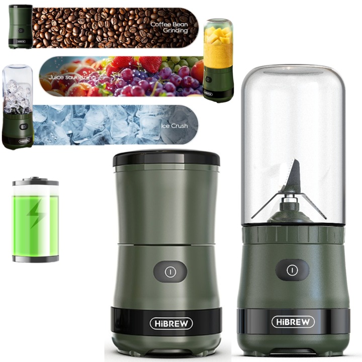 Rasnita de cafea electrica fara fir HiBREW G2, 3in1 Sucuri Blender， Crusher de gheata， 2000mAh，70~245W, 200g, Lame din Otel Inoxidabil， negru