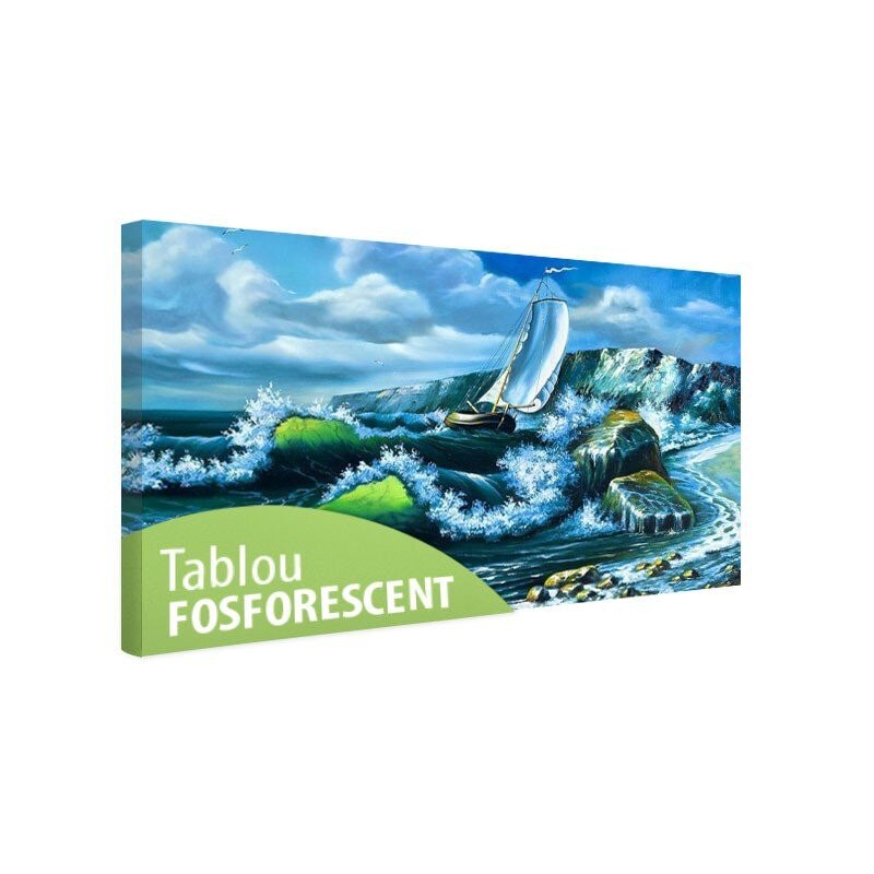 Tablou fosforescent Barca printre stanci, 80x40 cm