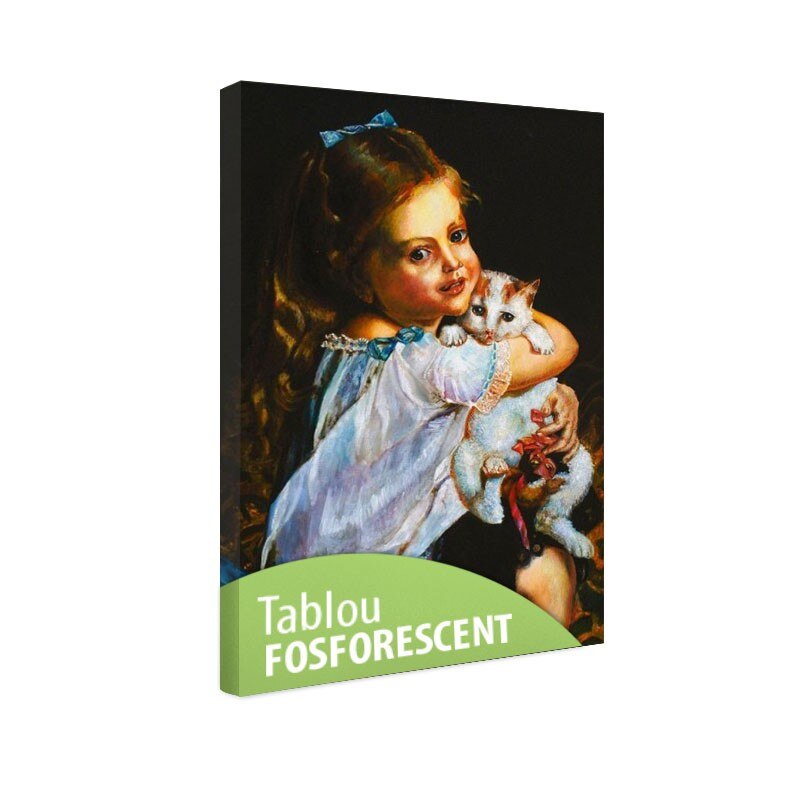 Tablou fosforescent Fetita cu pisica 120x80 cm