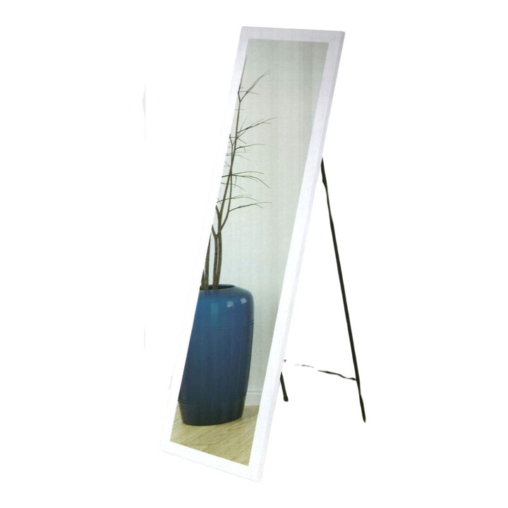 Oglinda de podea cu suport metalic reglabil in 4 pozitii, cu rama alba lucioasa, dimensiuni 36 x 126 cm, design elegant si modern, perfecta pentru orice camera, usoara si portabila, ideala pentru verificarea tinutei si decorarea spatiului de locuit