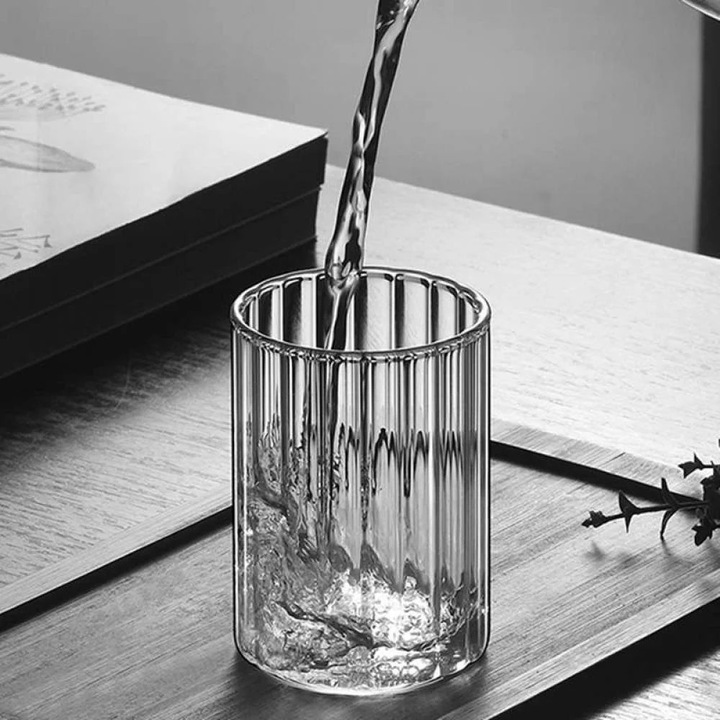 Pahare din sticla borosilicata, set 2 bucati, 300ml si 400ml, transparent, design cu dungi