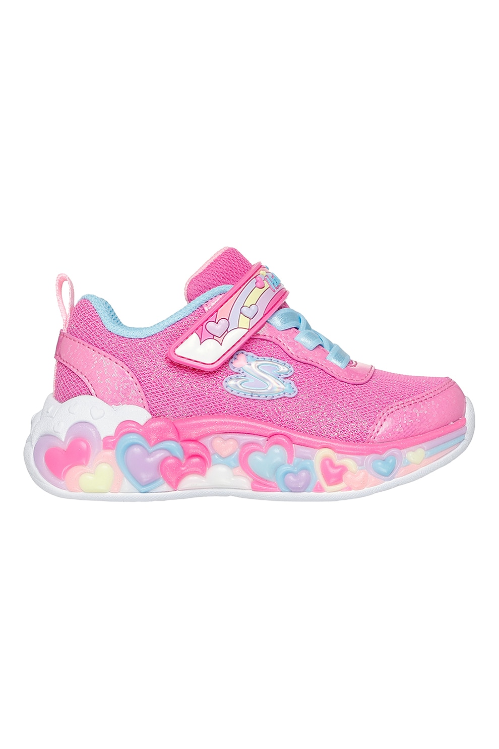 Skechers, Pantofi sport S-Lights cu aspect stralucitor, Albastru pastel, Roz deschis, 25 EU