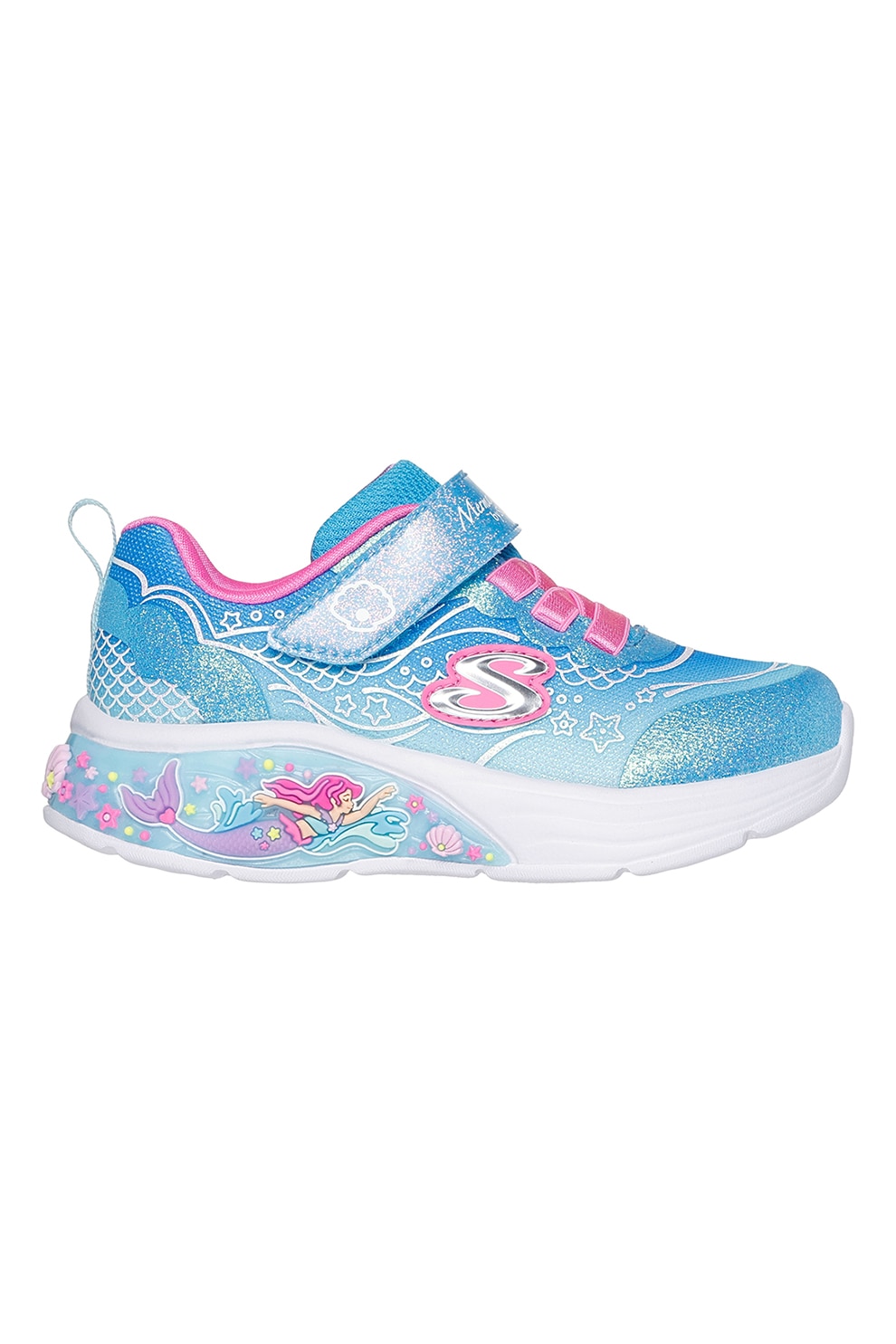 Skechers, Pantofi sport cu lumini si aspect stralucitor Lil Mermaid, Roz deschis, Albastru deschis, 26 EU