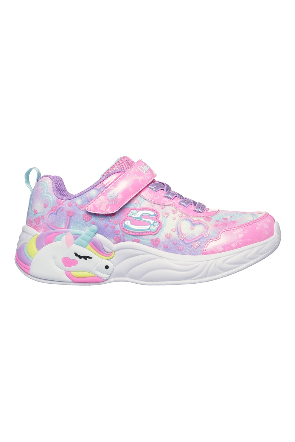 Skechers, Pantofi sport Unicorn cu buton de pornire/oprire, Roz deschis, Lila, 33 EU