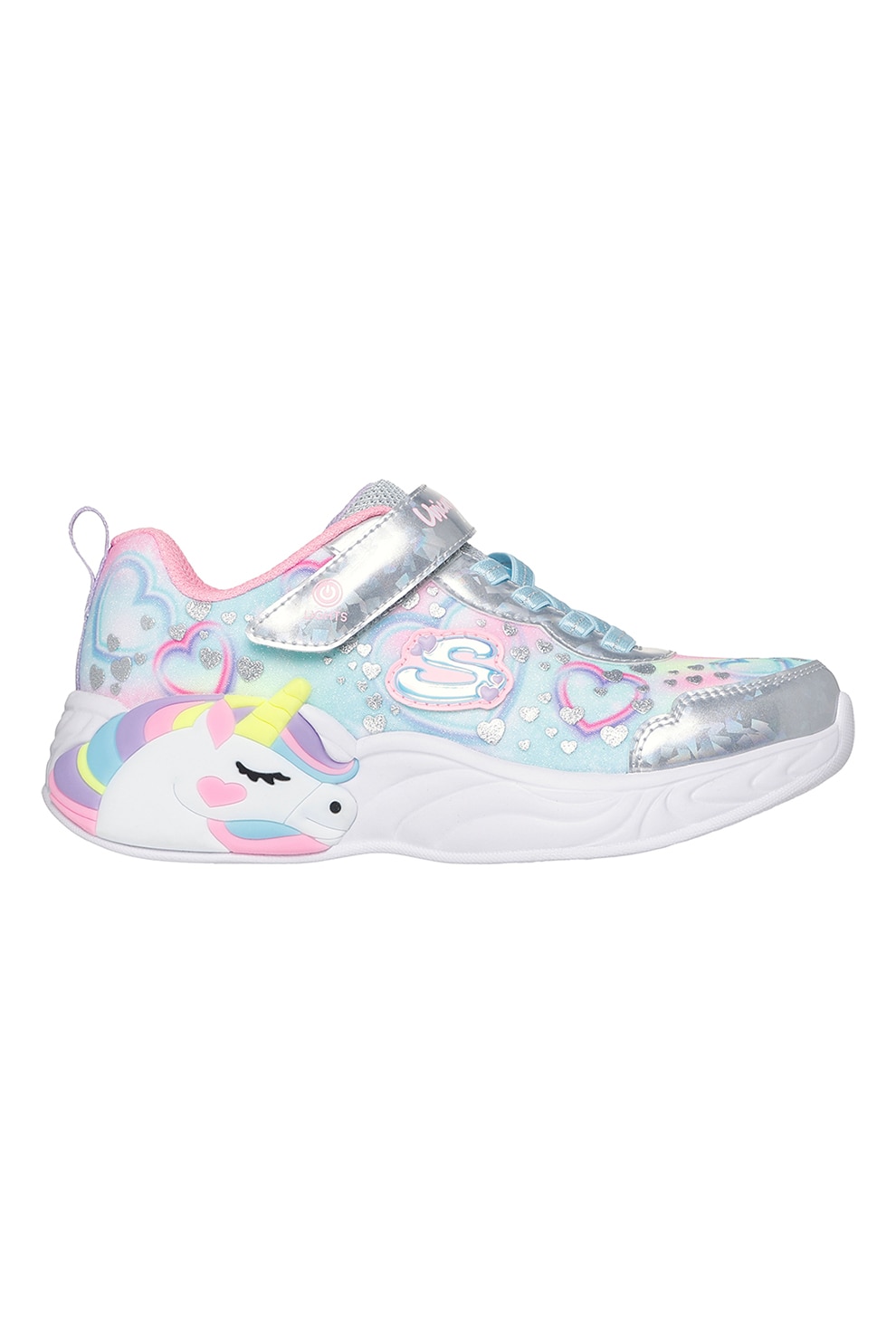 Skechers, Pantofi sport Unicorn cu buton de pornire/oprire, Roz deschis, Argintiu, 34 EU