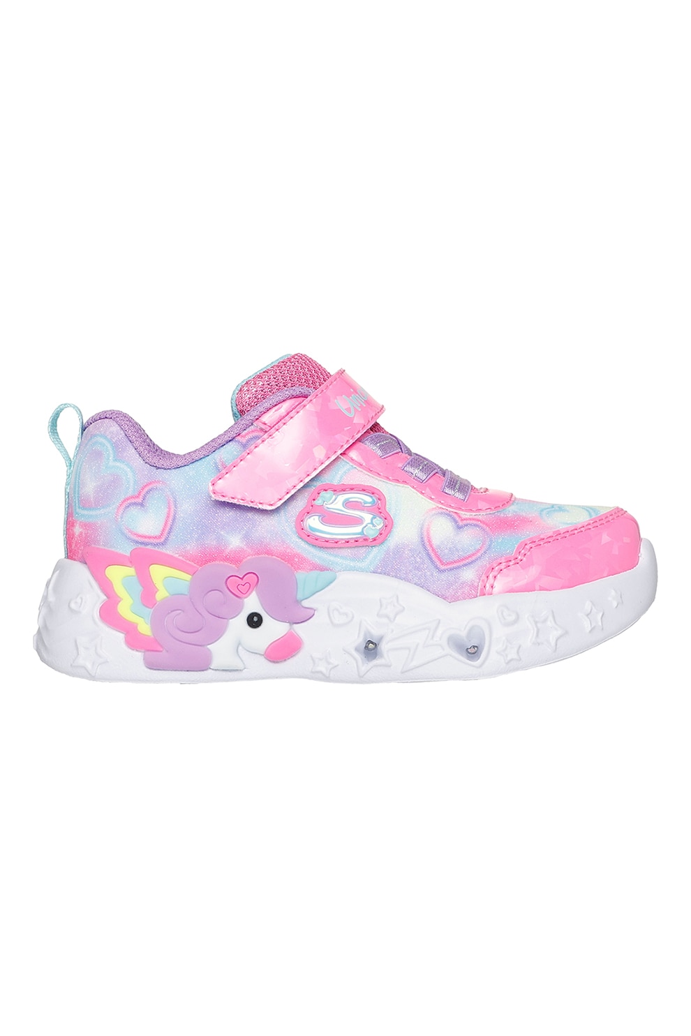 Skechers, Pantofi sport Unicorn Charmer cu LED-uri si velcro, Turcoaz, Roz pastel, Lila, 23 EU