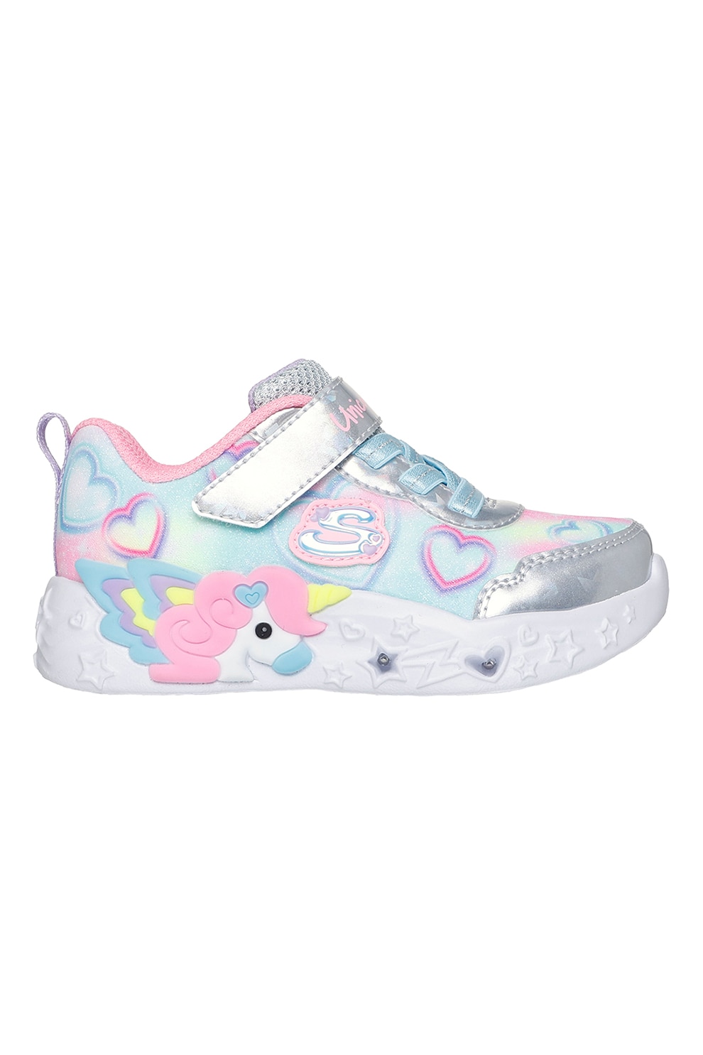 Skechers, Pantofi sport Unicorn Charmer cu LED-uri si velcro, Albastru pastel, Roz pastel, Argintiu, 25 EU