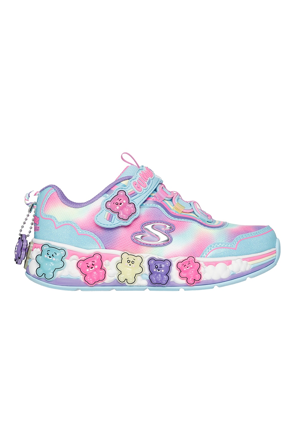 Skechers, Pantofi sport Gummy Friends cu velcro si talisman detasabil, Turcoaz, Roz pastel, Alb optic, 31 EU