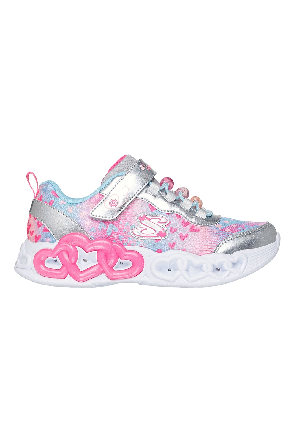 Skechers, Pantofi sport Infinite Love cu talismane inima si LED-uri, Albastru pastel, Roz pastel, Argintiu, 32 EU