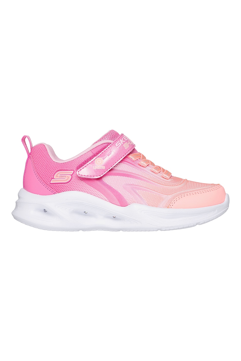 Skechers, Pantofi sport Sola Glow cu LED-uri, Roz pastel, Piersica, Alb optic, 30 EU