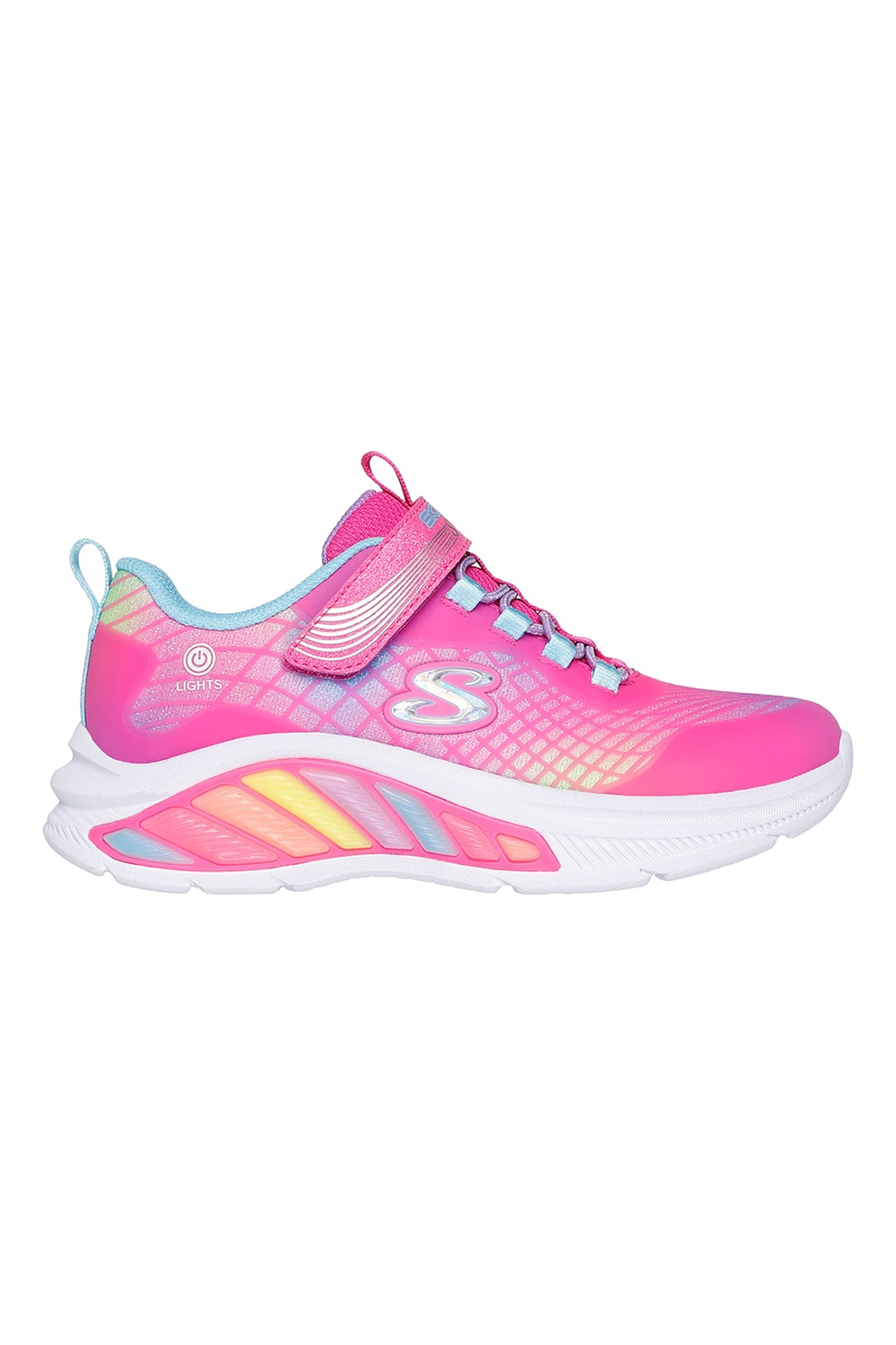 Skechers, Pantofi sport Rainbow Cruisers cu LED-uri, Albastru pastel, Fucsia, Alb optic, 32 EU