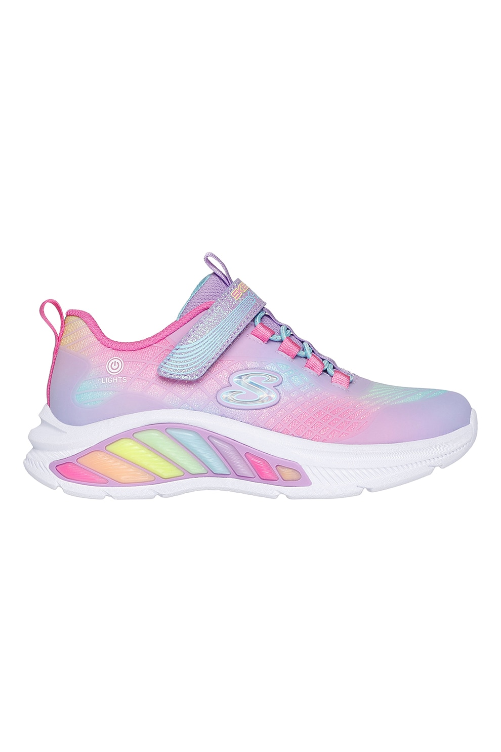 Skechers, Pantofi sport Rainbow Cruisers cu LED-uri, Verde pal, Lila, Alb optic, 30 EU