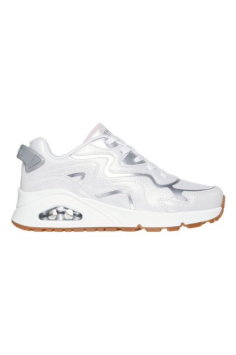 Skechers, Pantofi sport cu garnituri metalizate, Gri deschis/Alb optic/Caramel
