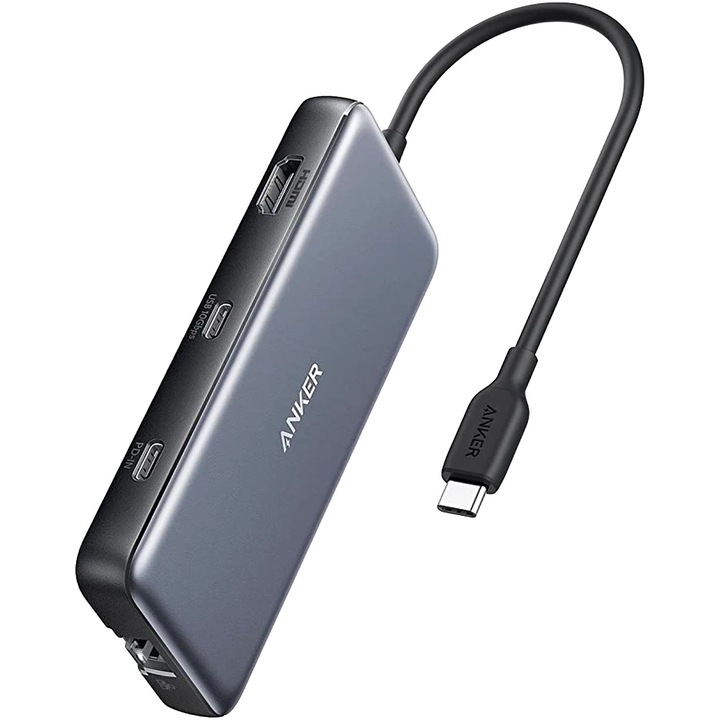 Докинг станция Anker 555 8-в-1, портове: 2 x USB-C, 2 x USB-A, HDMI 4K @60Hz, 1 x RJ-45 10 Gbps, PD 85W, USB-C връзка, сива