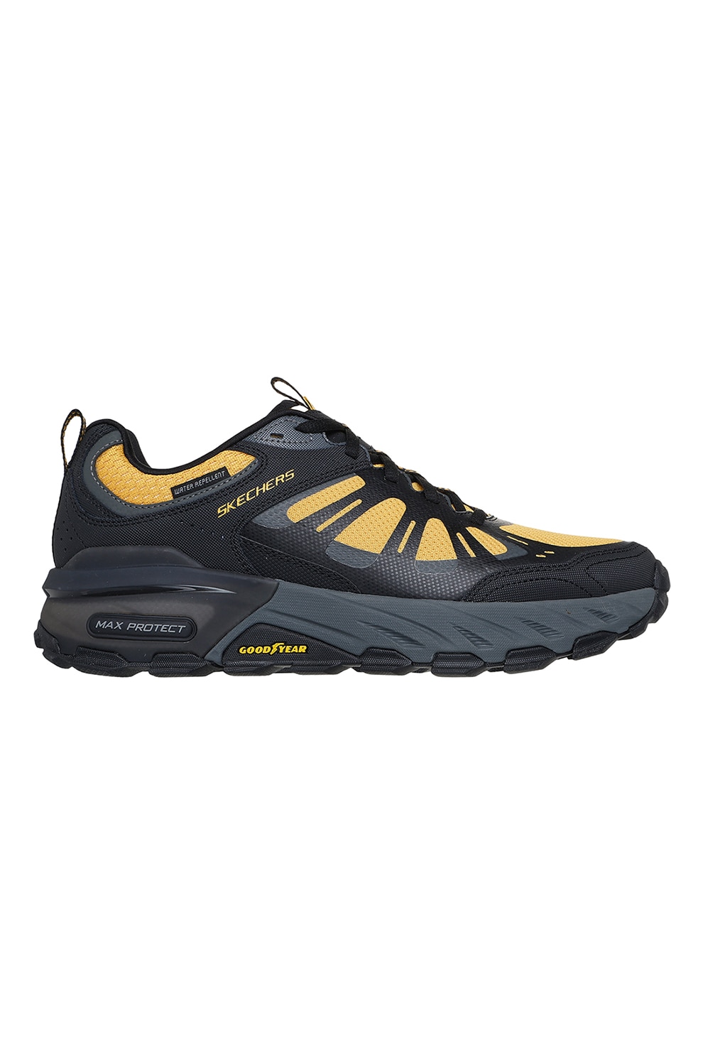 Skechers, Pantofi cu garnituri din piele pentru trekking Max Protect, Negru, Galben, 43