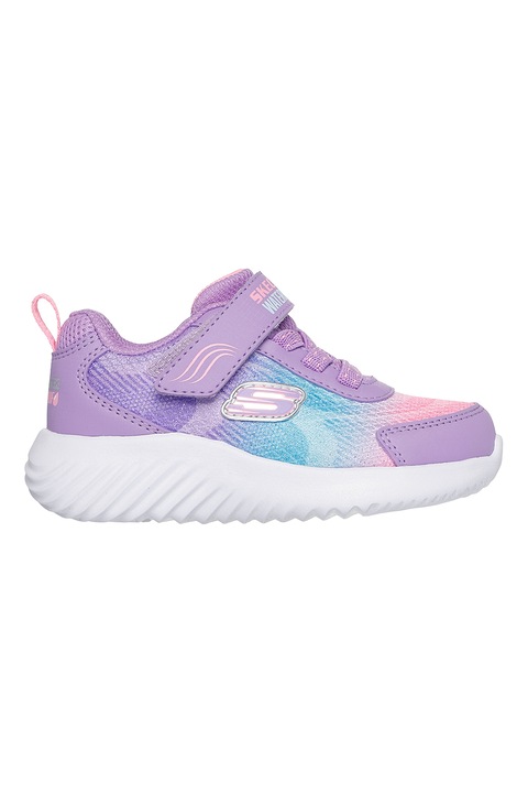 Skechers, Pantofi sport Bounder cu velcro si insertii de piele ecologica, Roz deschis/Lila/Albastru deschis