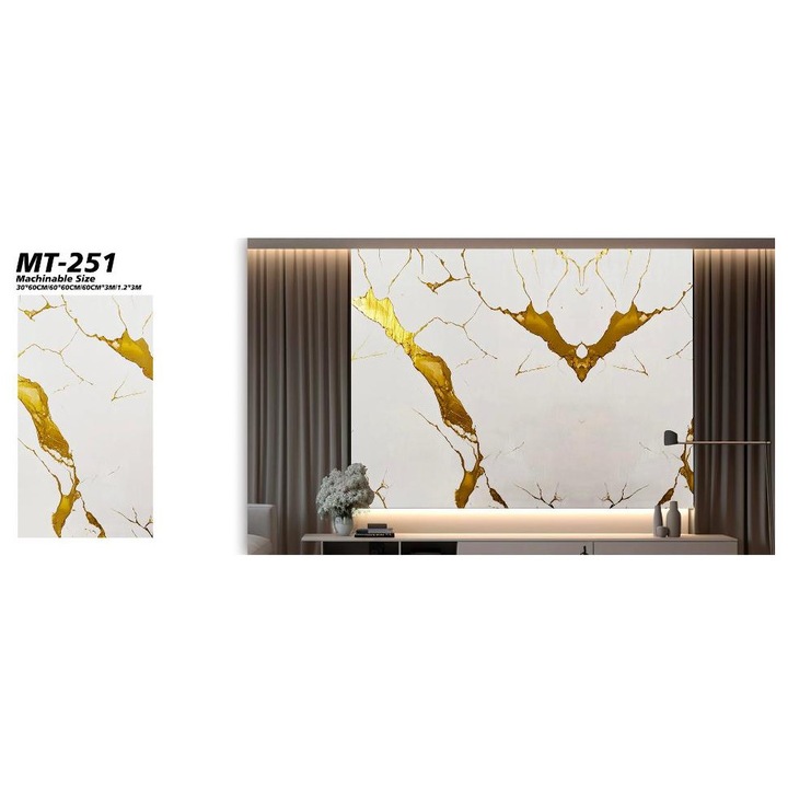 Rola Tapet autoadeziv imitatie marmura alb-auriu MT-251, 3 m x 1, 2 m, design premium cu vene aurii lucioase