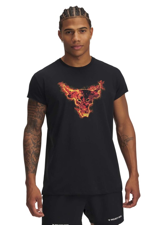 Under Armour, Tricou cu model grafic Project Rock, Negru/Portocaliu