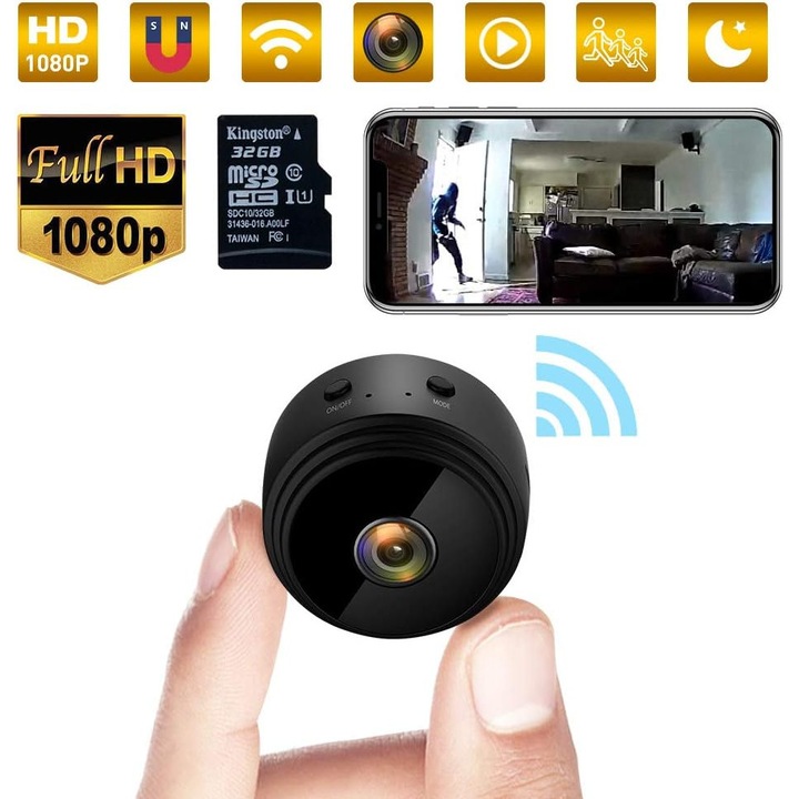Camera de supraveghere mini WiFi 1080P, unghi larg 150, detectie miscare, set cu card micro SD 32GB