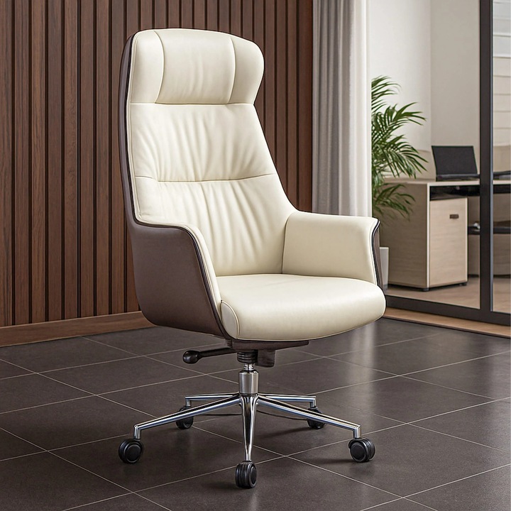 Scaun Directorial Din Piele Naturala pentru Birou Timebox, Reglabil pe Inaltime, Rotativ, Cadru din Lemn si Spuma cu Densitate Mare, Design Modern si Confort Sporit pentru Utilizare Indelungata, Alb/Visiniu