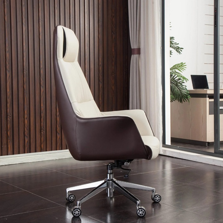 Scaun Directorial Din Piele Naturala pentru Birou Timebox, Reglabil pe Inaltime, Rotativ, Cadru din Lemn si Spuma cu Densitate Mare, Design Modern si Confort Sporit pentru Utilizare Indelungata, Alb/Visiniu