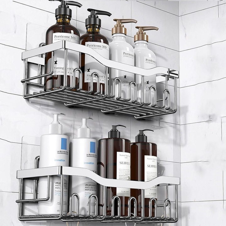 Raft de Dus, Beedove, Baie si Bucatarie Set 2 Bucati, Depozitare In Bucatarie, Organizator Baie, Metal, Montaj Fara Gauri, Multifunctionale, Argintiu