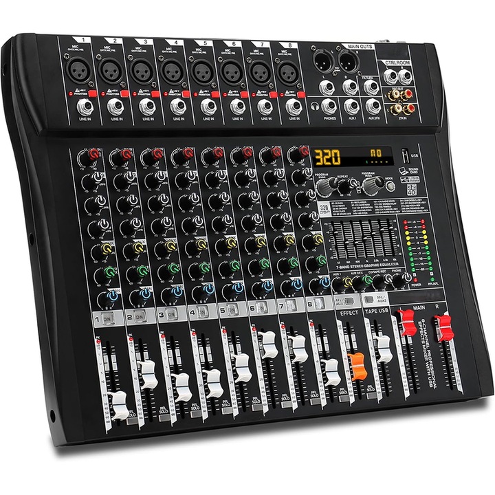 Mixer audio profesional BOMGE CT-80S PRO, 8 canale, 320 efecte DSP, Bluetooth, 7 benzi EQ, USB, alimentare 48V, XLR out, Inerface audio, Placa de sunet, Potrivit pentru petreceri profesionale de inregistrare, KTV si scena, Negru