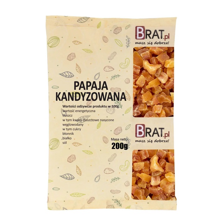 Papaya confiata 200g, Brat.pl, snack exotic, bogata in fibre, fara gluten