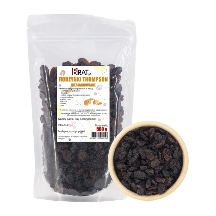 Stafide nesulfurate Thompson 500g, naturale, bogate in fibre, ambalaj tip doypack