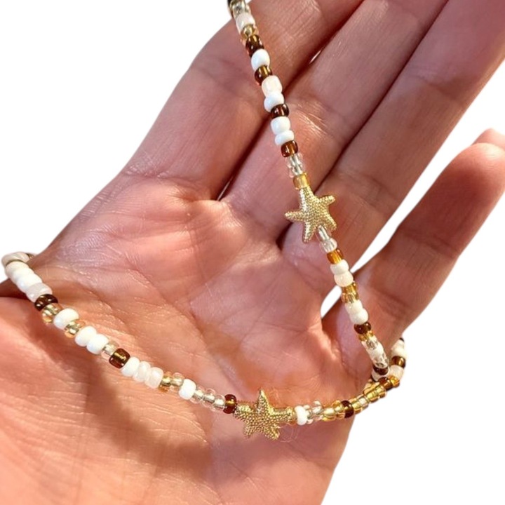Colier Handmade cu Margele si Stele de Mare – Bijuterie Boho de Vara, Unisex, 34 cm