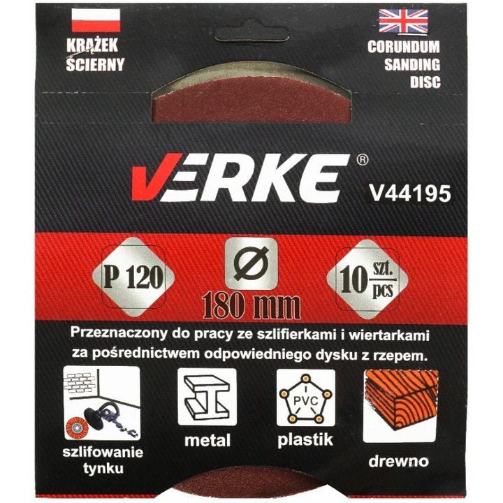 Csiszolókorong, 180 mm P120 10 db, V44195, Verke