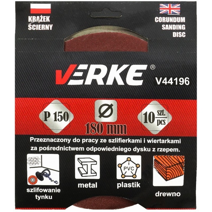 Disc abraziv, 180mm P150 10 buc, Verke, V44196