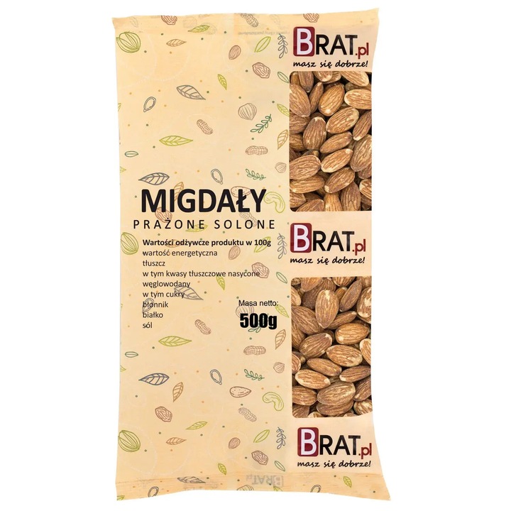 Migdale prajite si sarate Brat.pl 500g, bogate in proteine, continut ridicat de grasimi sanatoase