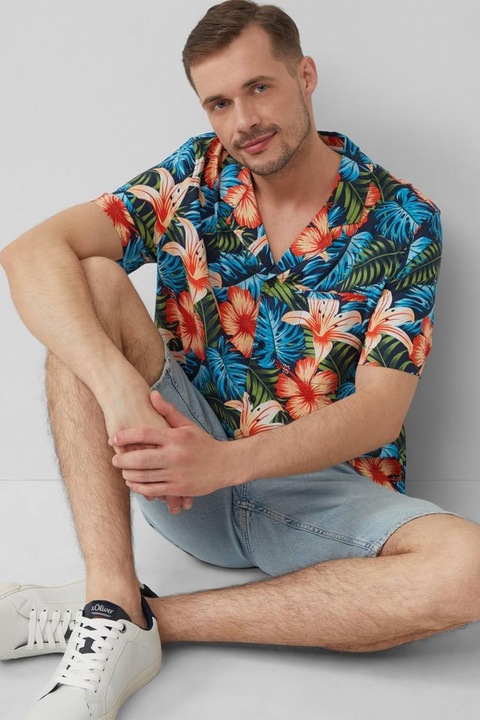 s.Oliver, Camasa cu maneci scurte si model tropical, Verde/Portocaliu/Albastru deschis