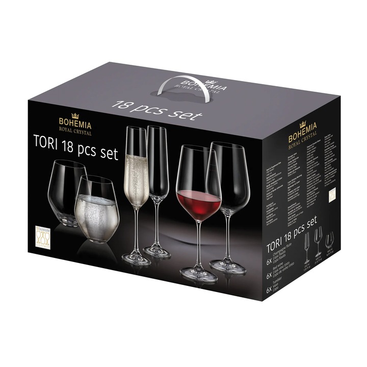 Set 18 pahare cristal Bohemia Tori Titanium 210/500/600ml