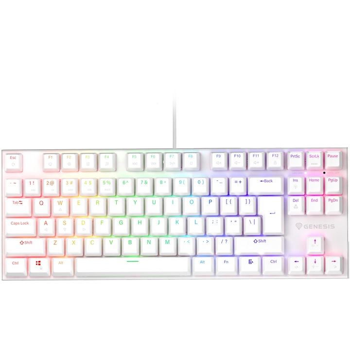 Геймърска клавиатура Genesis Thor 303 TKL с кабел, RGB осветление, линейни превключватели, Outemu Pitch Silent switch модел, брой клавиши 87, 11 мултимедийни бутона, дължина на кабела 1.8 м, размери 355 x 136 x 36 мм, бяла