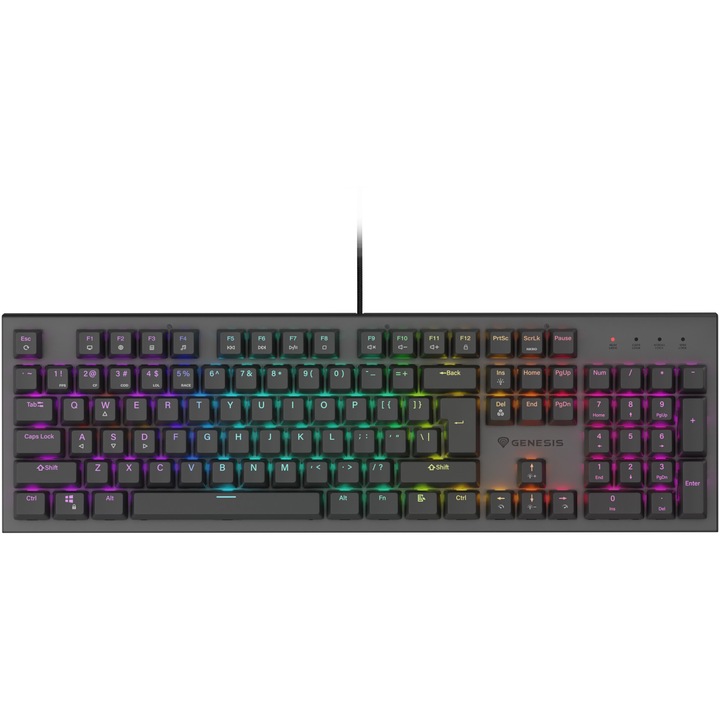 Механична клавиатура с кабел Gaming Genesis Thor 303, RGB подсветка, Линейни суичове, Модел суичове Outemu Red, Брой клавиши 104, 11 мултимедийни бутона, Дължина на кабела 1.8 м, Размери 442 x 136 x 36 мм, Черен