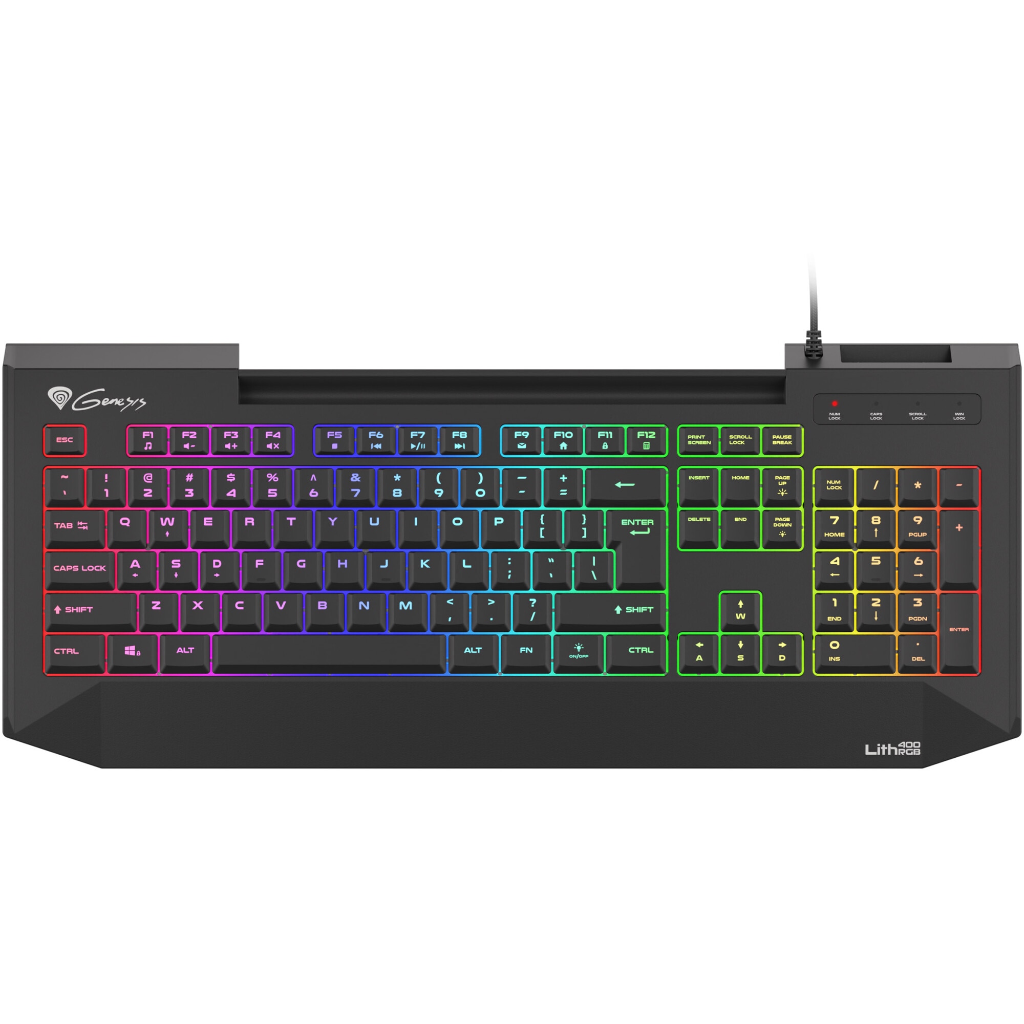 Tastatura gaming cu fir Genesis LITH 400, iluminare RGB, mecanism taste X-Scissors, numar taste 104, lungime cablu 1.8m, dimensiuni 465 x 25 x195 mm, negru