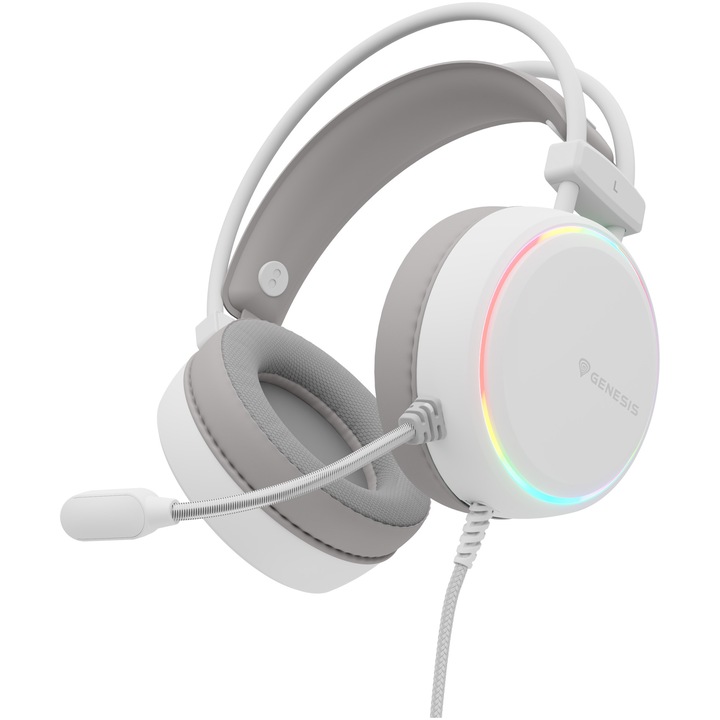 Слушалки Gaming Genesis Neon 613 G2 с кабел, Стерео звук, Микрофон, Импеданс 32 ома, Честотна лента 20 - 20 000 Hz, Дължина на кабела 220 см, RGB осветление, Честотна лента на микрофона 10 Hz - 10 KHz, Чувствителност -42dB, Бял