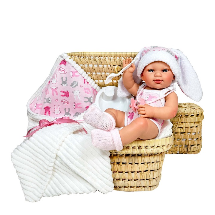 Nines D'Onil baba, Kis Nyuszi, RN baba, rózsaszín ruhákkal, takaróval, vanília illattal, 37 cm
