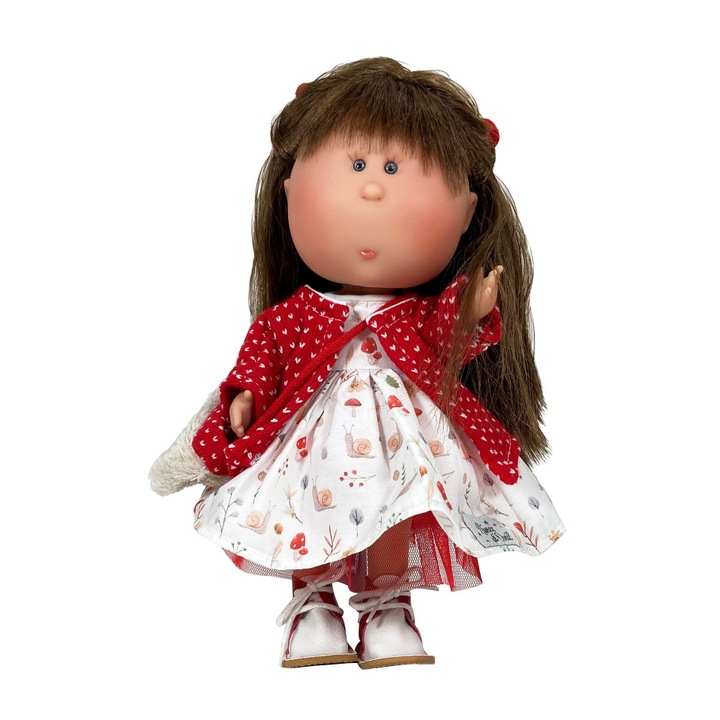 Nines D'Onil baba, Mia, barna hajjal és vörös kabáttal, ízületekkel, vanília illattal, 30 cm